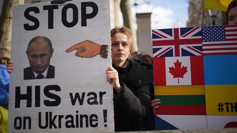 Ukrainians hold a protest against the Russian invasion of Ukraine outside Downing Street, central London . Picture date: Thursday February 24, 202.