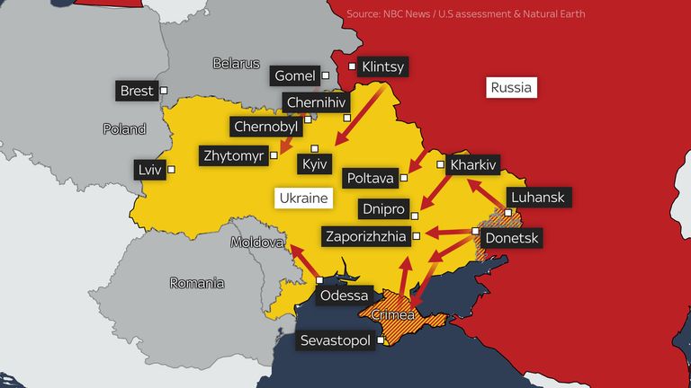 An NBC News map shows the possible routes for Russia to invade Ukraine, according to US Intelligence