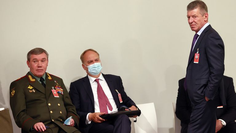 (L to R) Chief of the General Staff of Russian Armed Forces Valery Gerasimov, Russia's ambassador to the United States, Anatoly Antonov and Deputy Chief of Staff of the Presidential Executive Office Dmitry Kozak wait for Vladimir Putin news conference after the U.S.-Russia summit, in Geneva, Switzerland, June 16, 2021. Picture taken June 16, 2021. REUTERS/Denis Balibouse

