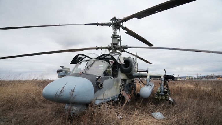 Pic: AP
A Russian Ka-52 helicopter gunship is seen in the field after a forced landing outside Kyiv, Ukraine, Thursday, Feb. 24, 2022. Russia on Thursday unleashed a barrage of air and missile strikes on Ukrainian facilities across the country. (AP Photo/Efrem Lukatsky)