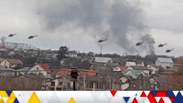 Military helicopters apparently Russian, fly over the outskirts of Kyiv, Ukraine. Pic: Ukrainian Police Department Press Service/AP