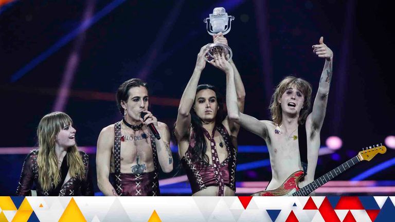 Maneskin from Italy receive the trophy after winning the Grand Final of the Eurovision Song Contest at Ahoy arena in Rotterdam, Netherlands, Saturday, May 22, 2021. (AP Photo/Peter Dejong)