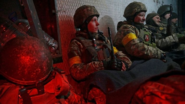 Ukrainian servicemen take cover in a shelter at fighting positions at the military airbase Vasylkiv in the Kyiv region, Ukraine February 26, 2022. Picture taken February 26, 2022. REUTERS/Maksim Levin
