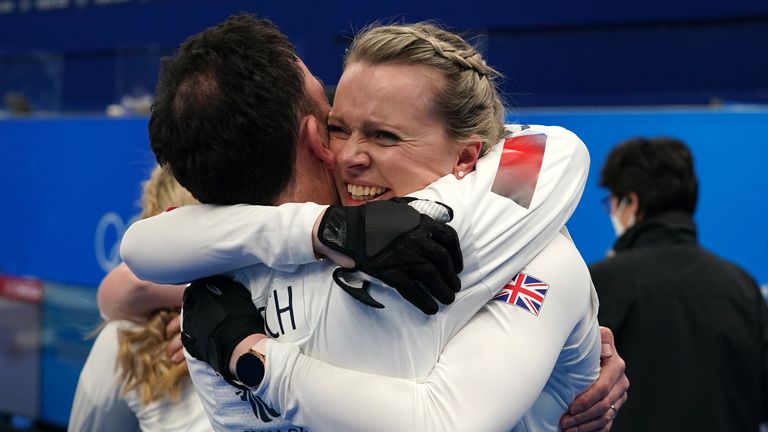 Great Britain&#39;s coach David Murdoch and Vicky Wright celebrate victory after the Women&#39;s Curling Semi-Final during day fourteen of the Beijing 2022 Winter Olympic Games at the National Aquatics Centre in Beijing, China. Picture date: Friday February 18, 2022.
