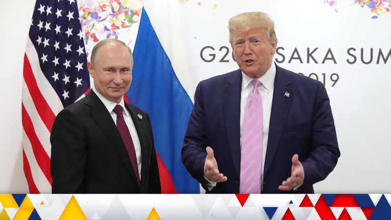 Russia&#39;s President Vladimir Putin and U.S. President Donald Trump attend a meeting on the sidelines of the G20 summit in Osaka, Japan June 28, 2019. Sputnik/Mikhail Klimentyev/Kremlin via REUTERS  ATTENTION EDITORS - THIS IMAGE WAS PROVIDED BY A THIRD PARTY.