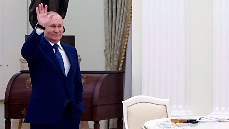 Pic: AP
Russian President Vladimir Putin waves French President Emmanuel Macron during their meeting in the Kremlin in Moscow, Russia, Monday, Feb. 7, 2022. Macron traveled to Moscow in a bid to help defuse tensions amid a Russian troop buildup near Ukraine that fueled fears of an invasion. (Sputnik, Kremlin Pool Photo via AP)