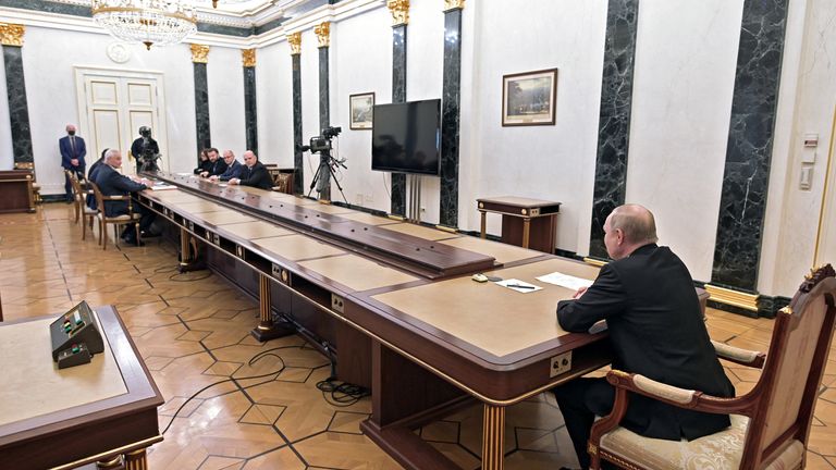 Russian President Vladimir Putin chairs a meeting on economic issues, in Moscow, Russia February 28, 2022. Sputnik/Aleksey Nikolskyi/Kremlin via REUTERS ATTENTION EDITORS - THIS IMAGE WAS PROVIDED BY A THIRD PARTY.
