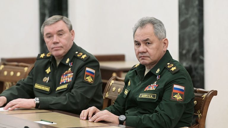 Russian Defence Minister Sergei Shoigu and Chief of the General Staff of Russian Armed Forces Valery Gerasimov attend a meeting with Russian President Vladimir Putin in Moscow, Russia February 27, 2022. Sputnik/Aleksey Nikolskyi/Kremlin via REUTERS ATTENTION EDITORS - THIS IMAGE WAS PROVIDED BY A THIRD PARTY.
