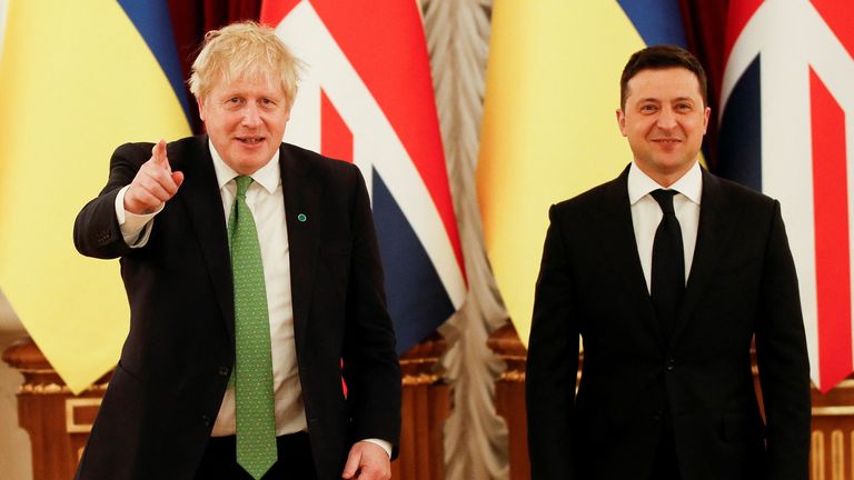 British Prime Minister Boris Johnson meets with Ukrainian President Volodymyr Zelenskyy at the presidential palace, in Kyiv, Ukraine February 1, 2022. REUTERS/Peter Nicholls/Pool