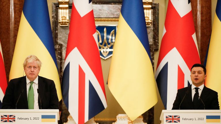 British Prime Minister Boris Johnson and Ukrainian President Volodymyr Zelenskyy attend a joint news conference in Kyiv, Ukraine February 1, 2022. REUTERS/Peter Nicholls/Pool
