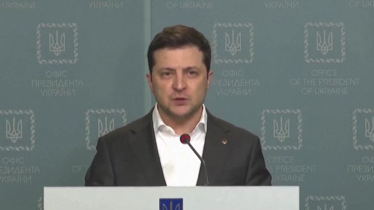   Volodymyr  Zelenskyy speaks at a press conference - sky news grabs 