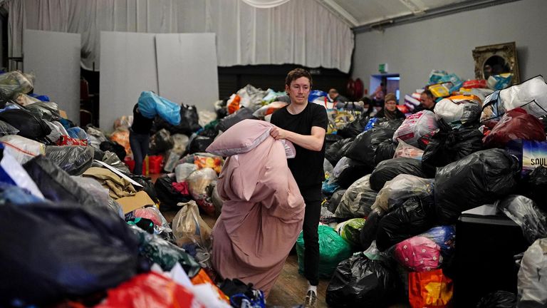 Volunteers at the Klub Orla Bialego (White Eagle Club) in Balham, south London, sort through donations made by members of the public to be sent overseas as aid to Ukrainian refugees fleeing the Russian invasion. Picture date: Sunday February 27, 2022.