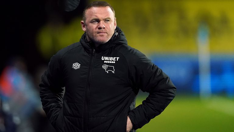 Derby County manager Wayne Rooney during the Sky Bet Championship match at The John Smith&#39;s Stadium, Huddersfield. Picture date: Wednesday February 2, 2022.