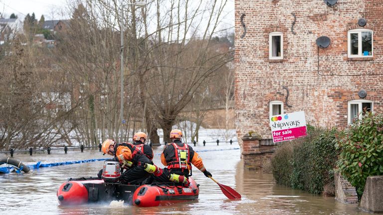 A Fire and Rescue team in floodwater in Bewdley, in Worcestershire, where floodwater from the River Severn has breached the town&#39;s flood defences following high rainfall from Storm Franklin. Picture date: Wednesday February 23, 2022.