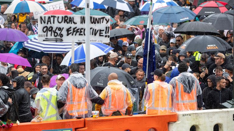 Protesters in Wellington, New Zealand, Saturday, Feb. 12, 2022. Pic: Mark Mitchell/NZME via AP