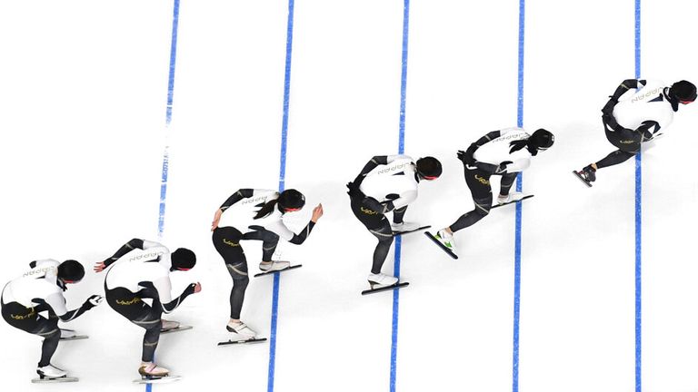 Japanese speed skaters take part in a practice at the National Speed Skating Oval (the Ice Ribbon) in Beijing, China on February 1, 2022.    ( The Yomiuri Shimbun via AP Images )