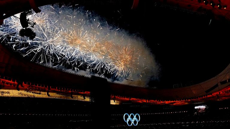 Feb 4, 2022; Beijing, CHINA; Fireworks go off over the Opening Ceremony of the Beijing 2022 Winter Olympic Games at Beijing National Stadium. Mandatory Credit: Harrison Hill-USA TODAY Sports