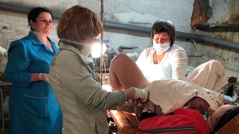 Woman gives birth in Kyiv, Ukraine