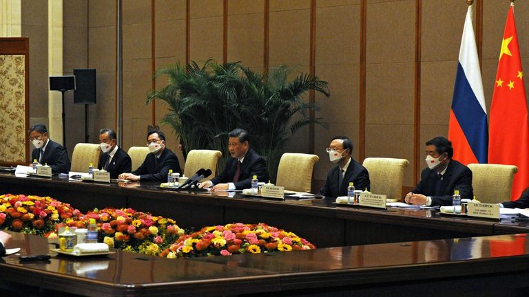 Members of the Chinese delegation led by President Xi Jinping attend a meeting with Russian President Vladimir Putin and other officials in Beijing, China February 4, 2022. Sputnik/Mikhail Klimentyev/Kremlin via REUTERS ATTENTION EDITORS - THIS IMAGE WAS PROVIDED BY A THIRD PARTY.
