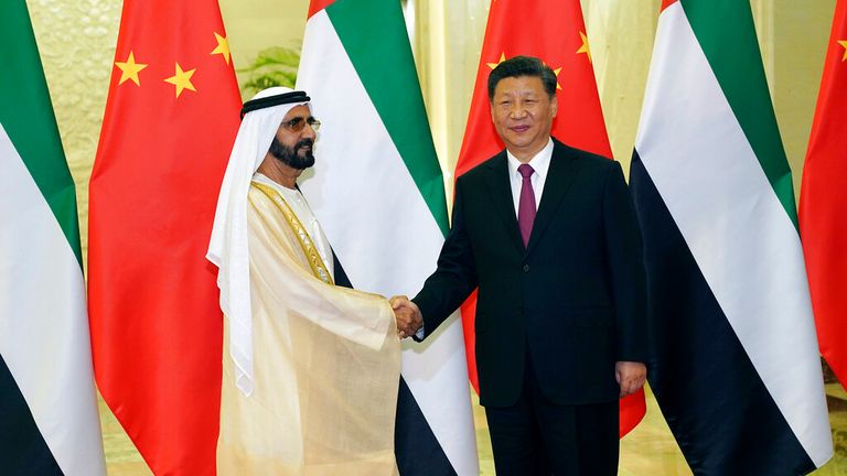 Chinan&#39;s president Xi Jinping shakes hands with UAE prime minister Sheik Mohammed bin Rashid al Maktoum in 2019. Pic: AP