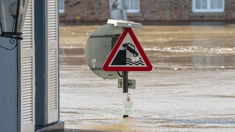 A road sign in flood water in York, Yorkshire, after the River Ouse overtopped its banks. The Environment Agency has urged communities in parts of the West Midlands and the north of England, especially those along River Severn, to be prepared for significant flooding until Wednesday following high rainfall from Storm Franklin. Picture date: Tuesday February 22, 2022.