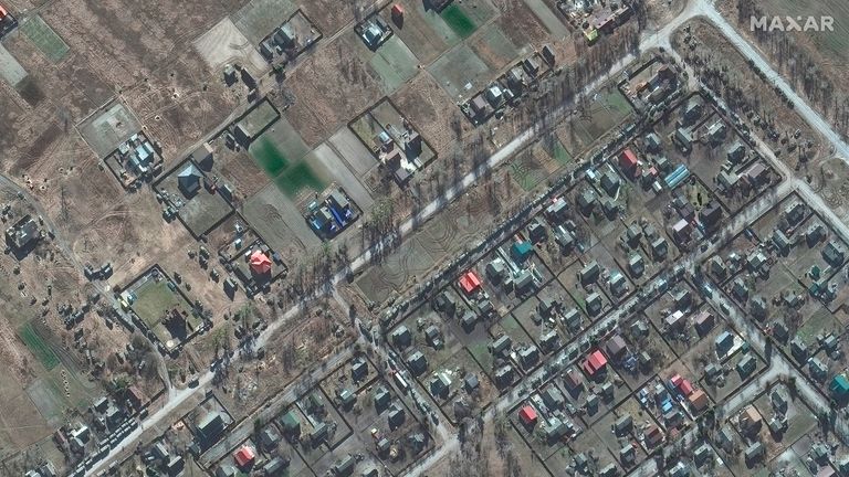 This satellite image provided by Maxar Technologies shows deployment of ground forces in Zdvyzhivka, north west of Kyiv, Ukraine, Monday Feb. 28, 2022. (Satellite image ..2022 Maxar Technologies via AP)
PIC:MAXAR