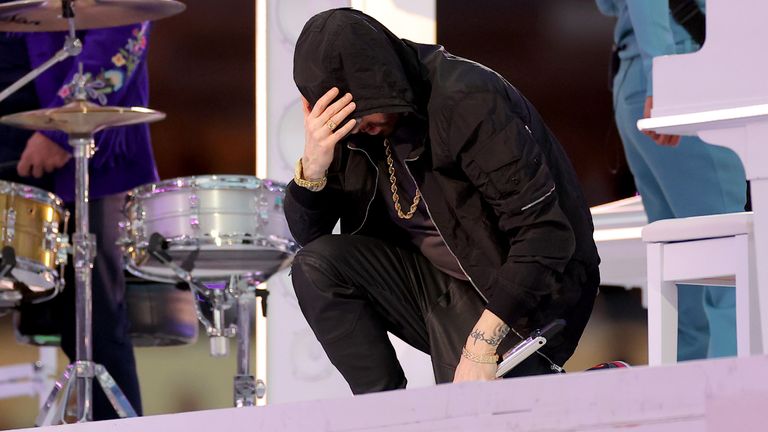 Eminem performs during the Pepsi Super Bowl LVI Halftime Show at SoFi Stadium on February 13, 2022 in Inglewood, California. (Photo by Kevin C. Cox/Getty Images)