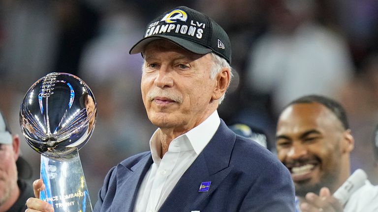 Los Angeles Rams owner Stan Kroenke holds the Lombardi Trophy after the Rams defeated the Cincinnati Bengals in the NFL Super Bowl 56 football game Sunday, Feb. 13, 2022, in Inglewood, Calif. (AP Photo/Chris O&#39;Meara) 