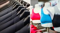 Row of men's suits and sports bras