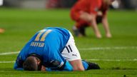 Italy&#39;s Domenico Berardi knees after missing a scoring chance during the World Cup qualifying play-off soccer match between Italy and North Macedoni