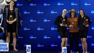 ATLANTA, GEORGIA - MARCH 17: Transgender woman Lia Thomas (L) of the University of Pennsylvania stands on the podium after winning the 500-yard freestyle as other medalists (L-R) Emma Weyant, Erica Sullivan and Brooke Forde pose for a photo at the NCAA Division I Women's Swimming & Diving Championshipon March 17, 2022 in Atlanta, Georgia. (Photo by Justin Casterline/Getty Images)
