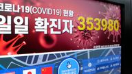 A screen showing the number of coronavirus infections nationwide at a subway station in Seoul