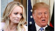 FILE PHOTO: A combination photo shows Adult film actress Stephanie Clifford, also known as Stormy Daniels speaking in New York City, and U.S. President Donald Trump speaking in Washington, Michigan, U.S. on April 16, 2018 and April 28, 2018 respectively. . REUTERS/Brendan Mcdermid (L) REUTERS/Joshua Roberts (R)/File Photo