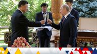 Russian President Vladimir Putin (R) toasts with Chinese President Xi Jinping while congratulating him on his birthday before the Conference on Interaction and Confidence-Building Measures in Asia (CICA) in Dushanbe, Tajikistan June 15, 2019. Sputnik/Alexei Druzhinin/Kremlin via REUTERS  ATTENTION EDITORS - THIS IMAGE WAS PROVIDED BY A THIRD PARTY.
