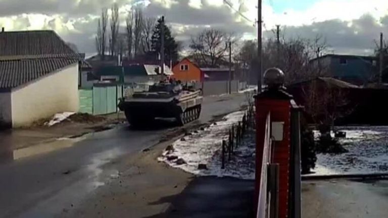 Sky News has verified and located this video to Bohdanivka in Kyiv Oblast, north-east of Kyiv. A military expert has told Sky News the video includes T-72 Russian tanks.