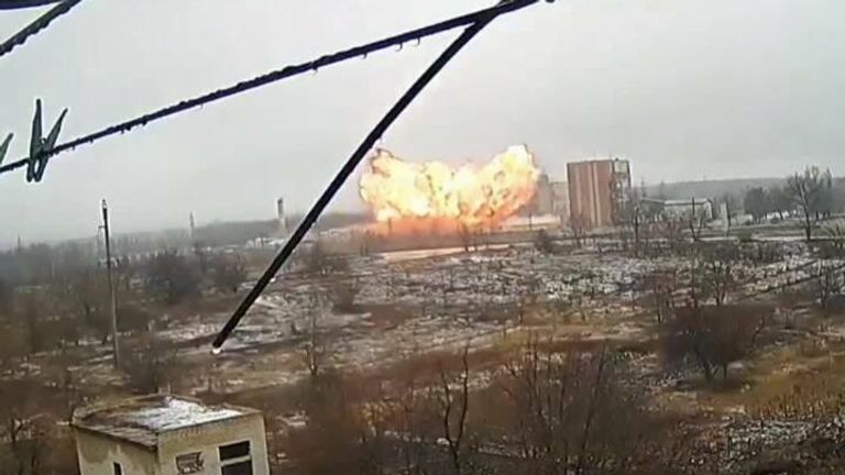 Sky News has verified this video of the moment of an air strike on a brewery in Lysychansk, eastern Ukraine.