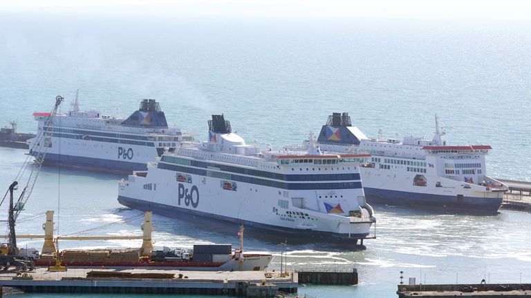 Three P&O ferries, Spirit of Britain, Pride of Canterbury and Pride of Kent moor up in the cruise terminal at the Port of Dover in Kent as the company has suspended sailings ahead of a &#34;major announcement&#34; but insisted it is &#34;not going into liquidation&#34;. Picture date: Thursday March 17, 2022.
