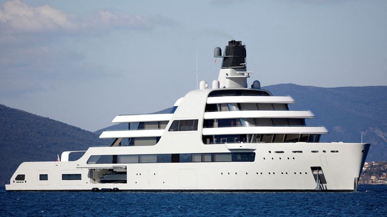Roman Abramovich&#39;s yacht Solaris was seen in the waters of Porto Montenegro in Tivat, Montenegro, on Saturday