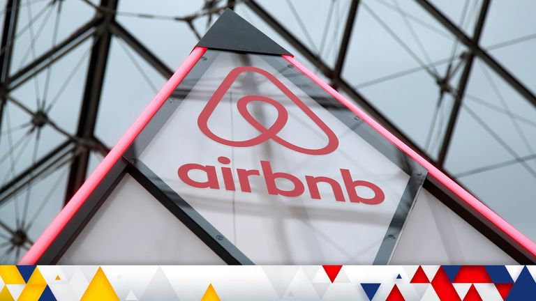 FILE PHOTO: The Airbnb logo is seen on a little mini pyramid under the glass Pyramid of the Louvre museum in Paris, France, March 12, 2019