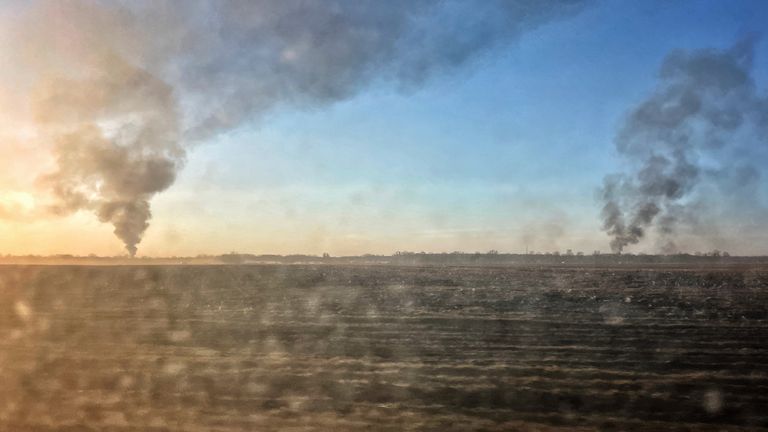 Plumes of smoke rises over Chernihiv, the last bridge into the city has just been bombed meaning there is no way out for civilians still inside.