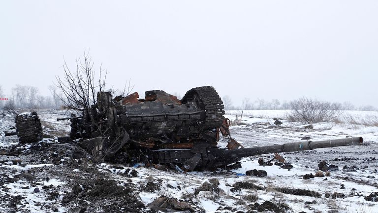 A destroyed armoured vehicle is seen in the separatist-controlled village of Anadol during Ukraine-Russia conflict in the Donetsk region, Ukraine March 10, 2022. REUTERS/Alexander Ermochenko