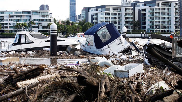 Wreckage at the Hawthorne ferry terminal on the Brisbane river, Australia, Tuesday, March 1, 2022. Tens of thousands of people had been ordered to evacuate their homes and many more had been told to prepare to flee as parts of Australia...s southeast coast are inundated by the worst flooding in decades. (AP Photo/Tertius Pickard)