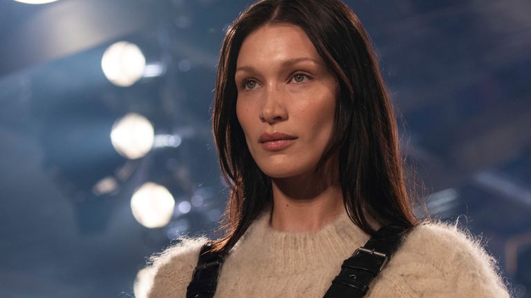 Bella Hadid wears a creation as part of the Isabel Marant Ready To Wear Fall/Winter 2022-2023 fashion collection, unveiled during the Fashion Week in Paris, Thursday, March 3, 2022. (Photo by Vianney Le Caer/Invision/AP)