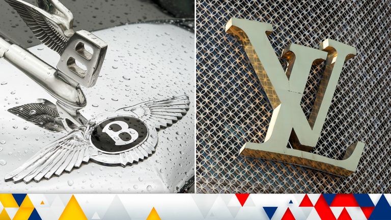 The hood ornament of a Bentley limousine is pictured during the British Car Meeting and A Louis Vuitton logo is seen outside a store on the Champs-Elysees in Paris