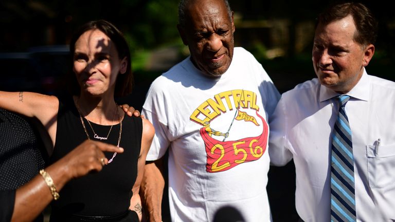 Bill Cosby was welcomed outside his home after Pennsylvania's highest court overturned his sexual assault conviction last year 