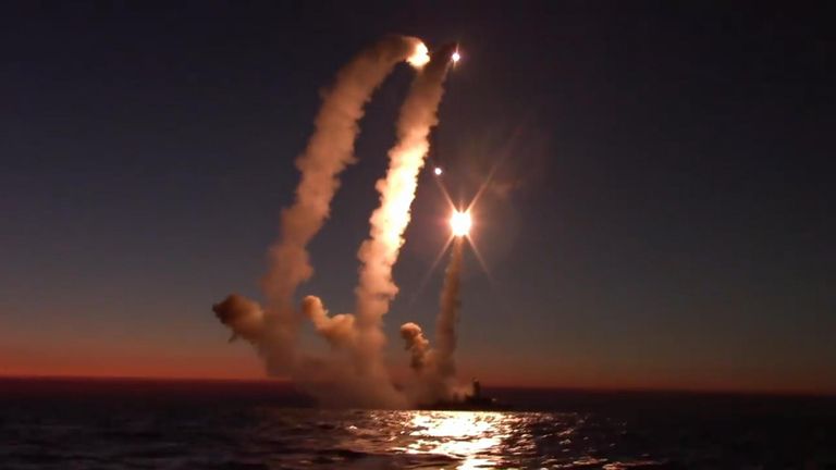 Russia&#39;s Ministry of Defence says these four Kalibr missiles successfully destroyed Ukrainian military infrastructure.