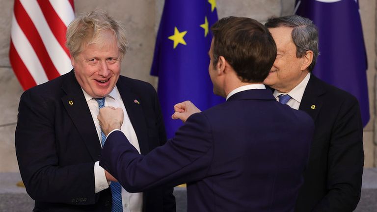 24/03/2022. Brussels, Belgium. Prime Minister Boris Johnson - NATO Summit & G7 Leaders Meeting. The Prime Minister Boris Johnson speaks with French President Emmanuel Macron and Italian Prime Minister Mario Draghi as they attend a special meeting of the North Atlantic Council and a G7 leaders meeting at the NATO Headquarters in Brussels during the Ukraine situation. Picture by Andrew Parsons / No 10 Downing Street

