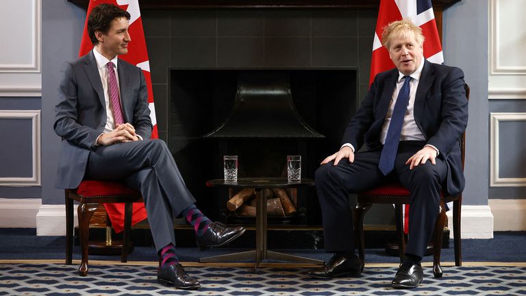Prime Minister Boris Johnson (right) with Canadian Prime Minister Justin Trudeau during a meeting at RAF Northolt in London. Picture date: Monday March 7, 2022.
