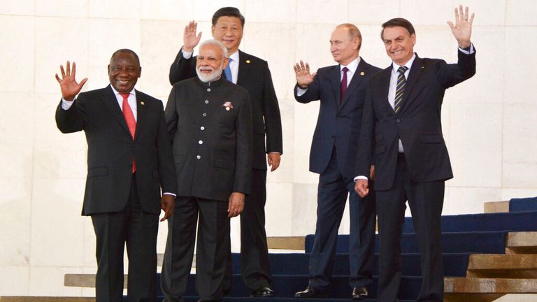 Left to right: A meeting of the BRICS nations between South African President Cyril Ramaphosa, Indian PM Narendra Modi, Chinese President Xi Jinping, Vladimir Putin and Brazilian leader Jair Bolsonaro. Pic: AP