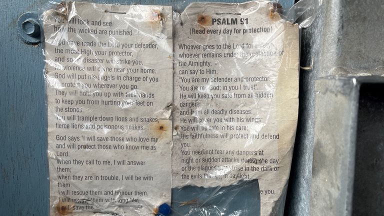 A prayer from the bible is taped to the cable car&#39;s wall
